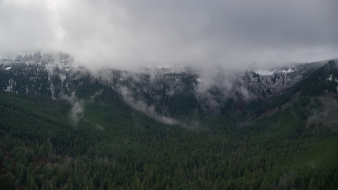 AX154_057.0000216F - Aerial stock photo of Mountains with at the end of a canyon with evergreens in Cascade Range, Hood River County, Oregon