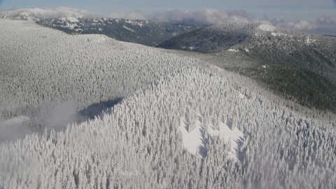 A mountain ridge covered with snowy forest in the Cascade Range, Oregon Aerial Stock Photos | AX154_100.0000359F