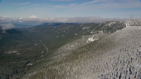 Snow forest at the end of a mountain ridge, Cascade Range, Oregon Aerial Stock Photos | AX154_106.0000287F