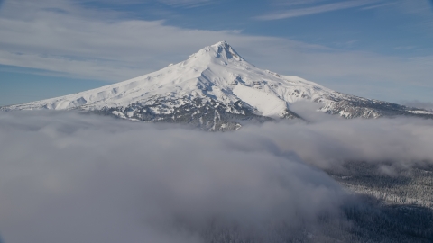 AX154_115.0000342F - Aerial stock photo of A ring of clouds around the base of Mount Hood, Cascade Range, Oregon