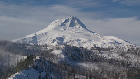 AX154_122.0000000F - Aerial stock photo of Mountain ridge with dead trees in the foreground near Mount Hood, Cascade Range, Oregon