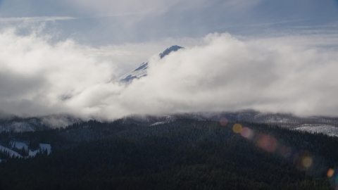 Clouds blocking the snowy summit of Mount Hood, Cascade Range, Oregon Aerial Stock Photos | AX154_131.0000213F