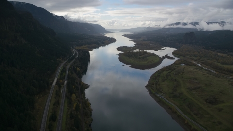 The Columbia River and I-84 highway near islands in Columbia River Gorge Aerial Stock Photos | AX154_179.0000286F