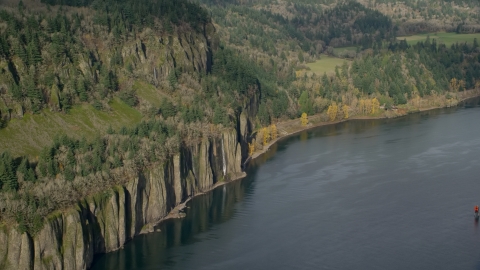 AX154_195.0000295F - Aerial stock photo of Waterfalls on steep green cliffs beside the Columbia River on the Washington side of Columbia River Gorge