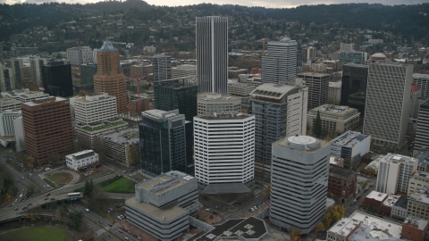 AX155_115.0000074F - Aerial stock photo of High-rises near KOIN Center in Downtown Portland, Oregon