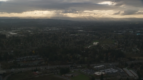 Suburban neighborhood with a lot of trees in Beaverton, Oregon, sunset Aerial Stock Photos | AX155_123.0000000F