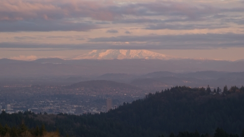 AX155_137.0000233F - Aerial stock photo of Mount Hood seen from hills in Northwest Portland, Oregon