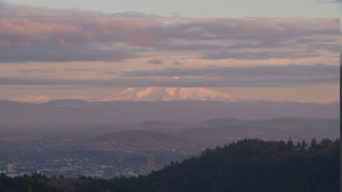 Mount Hood and Downtown Portland at sunset, seen from forest and hills in Northwest Portland, Oregon Aerial Stock Photos | AX155_139.0000222F