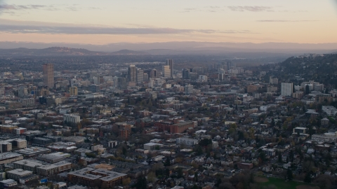 Downtown Portland skyscrapers at sunset, seen from Northwest Portland, Oregon Aerial Stock Photos | AX155_142.0000254F