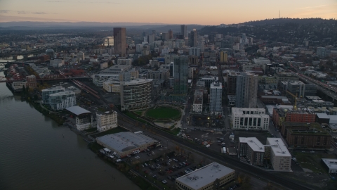 AX155_162.0000364F - Aerial stock photo of Downtown Portland at sunset, Oregon