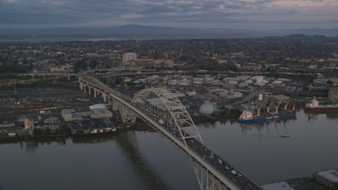 The Fremont Bridge with very heavy traffic at sunset, Portland, Oregon Aerial Stock Photos | AX155_182.0000216F