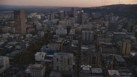 AX155_212.0000358F - Aerial stock photo of Downtown buildings to US Bancorp Tower, North Park Blocks, and high-rises, Downtown Portland, Oregon