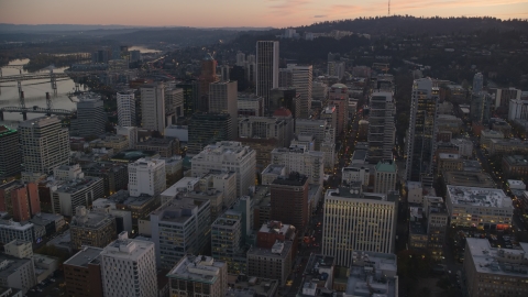 AX155_213.0000332F - Aerial stock photo of North Park Blocks, skyscrapers and high-rises, Downtown Portland, Oregon