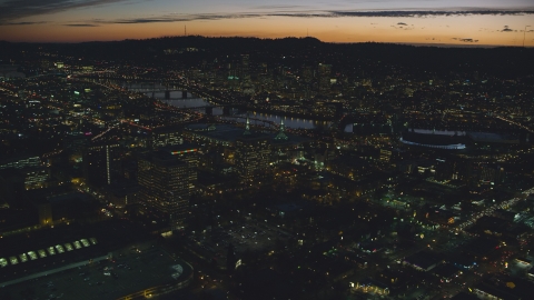 Office buildings, convention center, Willamette River, Downtown Portland, Oregon, night Aerial Stock Photos | AX155_299.0000208F