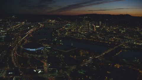 Moda Center, Memorial Coliseum by the Willamette River, Downtown Portland, Oregon, night Aerial Stock Photos | AX155_312.0000000F