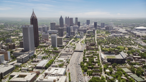 Downtown Connector and distant skyscrapers, Downtown Atlanta, Georgia Aerial Stock Photos | AX36_018.0000263F