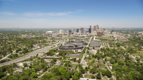 AX36_031.0000231F - Aerial stock photo of Downtown Atlanta skyline and the Turner Field baseball stadium, Georgia