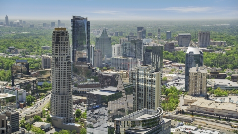 Skyscrapers and high-rises with hazy skies, Buckhead, Georgia Aerial Stock Photos | AX36_074.0000189F