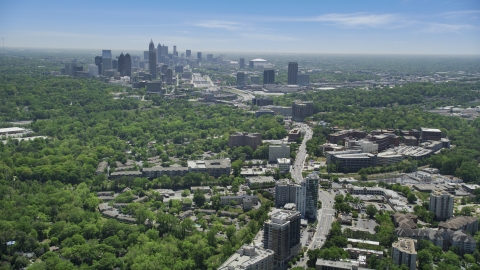 High above office buildings looking toward Midtown Atlanta skyline; Buckhead, Georgia Aerial Stock Photos | AX36_082.0000067F