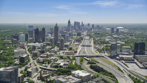 Downtown Connector toward Midtown Atlanta skyscrapers, Georgia Aerial Stock Photos | AX36_085.0000162F