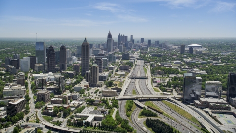 Downtown Connector near Midtown Atlanta skyscrapers, Georgia Aerial Stock Photos | AX36_086.0000057F