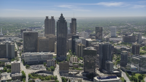 AX36_092.0000075F - Aerial stock photo of SunTrust Plaza and high-rises on a hazy day, Downtown Atlanta, Georgia