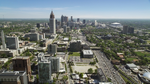 AX37_036.0000012F - Aerial stock photo of Bank of America Plaza and skyscrapers, Downtown and Midtown Atlanta, Georgia