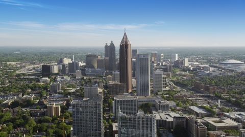 Bank of America Plaza towering over city buildings, Midtown Atlanta, Georgia  Aerial Stock Photos | AX38_069.0000036F