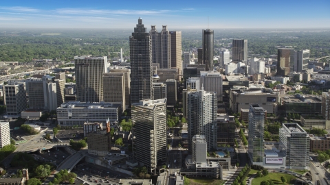 AX38_071.0000053F - Aerial stock photo of Skyscrapers and office buildings, Downtown Atlanta, Georgia