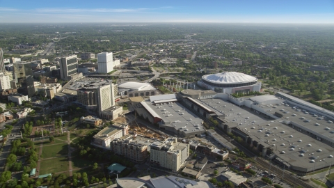 AX38_080.0000003F - Aerial stock photo of Georgia Dome and Georgia World Congress Center, Atlanta, Georgia