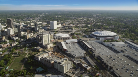 AX38_080.0000087F - Aerial stock photo of Georgia Dome and Georgia World Congress Center, Atlanta, Georgia