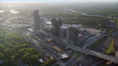 Office buildings and The Atlantic apartments, Midtown Atlanta, sunset Aerial Stock Photos | AX39_024.0000016F