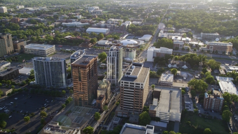 AX39_026.0000100F - Aerial stock photo of High-rises near Alexander Memorial Coliseum, Atlanta, Georgia