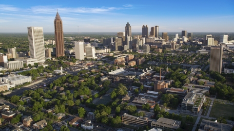 Midtown and Downtown Atlanta skyscrapers behind Bobby Dodd Stadium, Atlanta, Georgia Aerial Stock Photos | AX39_028.0000034F