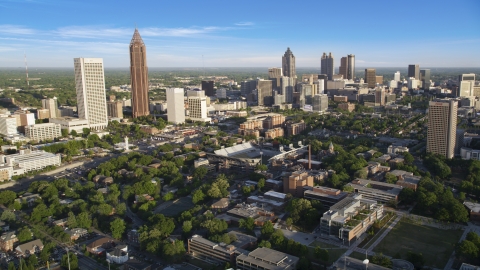 Midtown and Downtown Atlanta skyscrapers behind the Bobby Dodd Sports Stadium, Atlanta, Georgia Aerial Stock Photos | AX39_028.0000127F