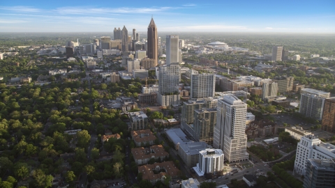 AX39_034.0000032F - Aerial stock photo of Midtown Atlanta buildings with Downtown Atlanta in the background, Georgia