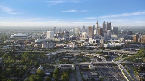 AX39_042.0000125F - Aerial stock photo of Downtown Atlanta and Georgia Dome, Atlanta, Georgia, sunset