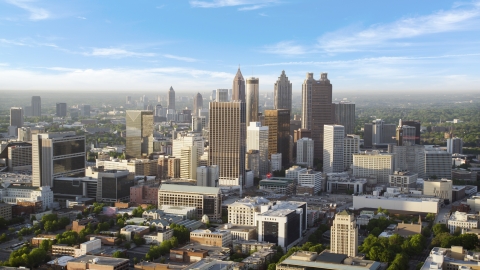 Downtown skyscrapers on a hazy day, Atlanta, Georgia Aerial Stock Photos | AX39_044.0000008F