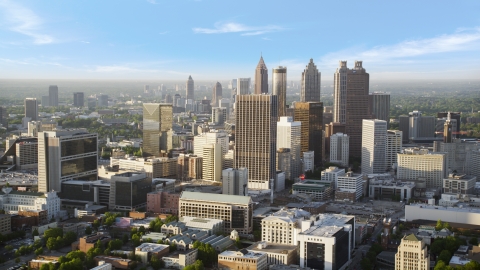 Wide shot of skycrapers at sunset, Downtown Atlanta, Georgia Aerial Stock Photos | AX39_044.0000124F