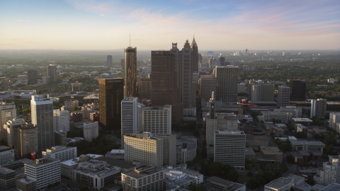 AX39_067.0000312F - Aerial stock photo of Downtown Atlanta skyscrapers and high-rises in the haze, Georgia