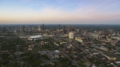 AX40_001.0000000F - Aerial stock photo of Downtown, Midtown and Georgia Dome in Atlanta at twilight