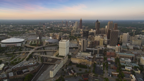 Downtown Atlanta skyscrapers and city buildings, Georgia, twilight Aerial Stock Photos | AX40_003.0000020F