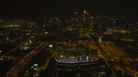 AX41_005.0000000F - Aerial stock photo of Turner Field with Downtown skyscrapers in the distance, Atlanta, Georgia, night