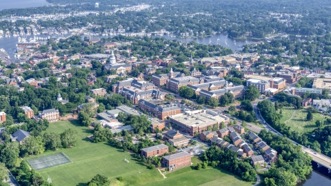 AXP073_000_0001F - Aerial stock photo of The Maryland State House and nearby buildings in Annapolis, Maryland