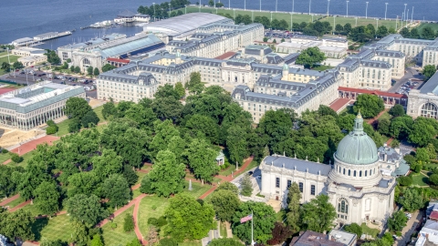 AXP073_000_0004F - Aerial stock photo of The Chapel and Bancroft Hall at the United States Naval Academy in Annapolis, Maryland