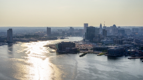 The Patapsco River and Downtown Baltimore skyline, Maryland Aerial Stock Photos | AXP073_000_0009F