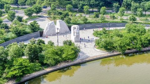 AXP075_000_0007F - Aerial stock photo of Tourists at the Martin Luther King Jr. National Memorial in Washington DC