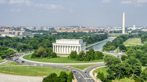 AXP075_000_0010F - Aerial stock photo of The Lincoln Memorial and Reflecting Pool, and Washington Monument on the National Mall in Washington DC