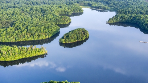 An island in a river surrounded by dense forest near Manassas, Virginia Aerial Stock Photos | AXP075_000_0029F