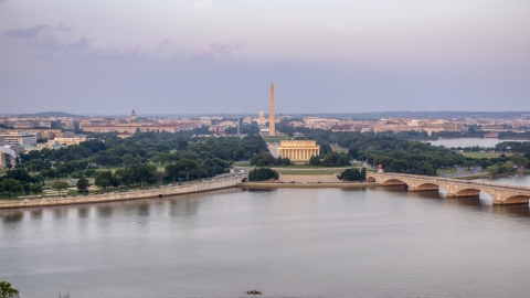 A wide view of the Lincoln Memorial, Washington Monument, National Mall, Washington D.C., sunset Aerial Stock Photos | AXP076_000_0019F